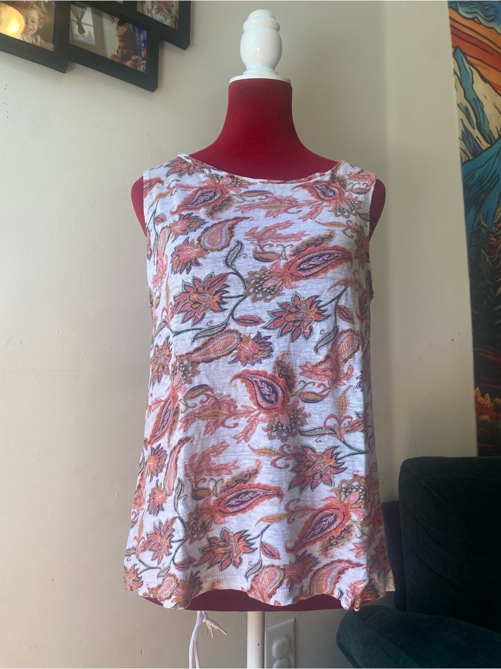 J. Jill White Tank Top with Coral Paisley Floral Print